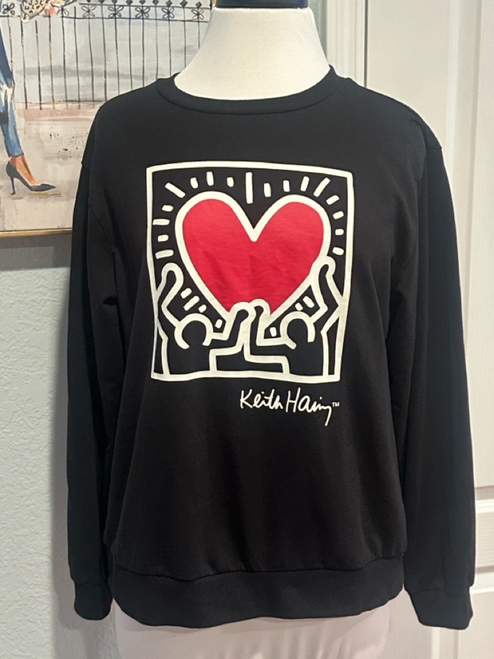 Keith Haring Sz Large Black Sweatshirt with Red Heart Graphic